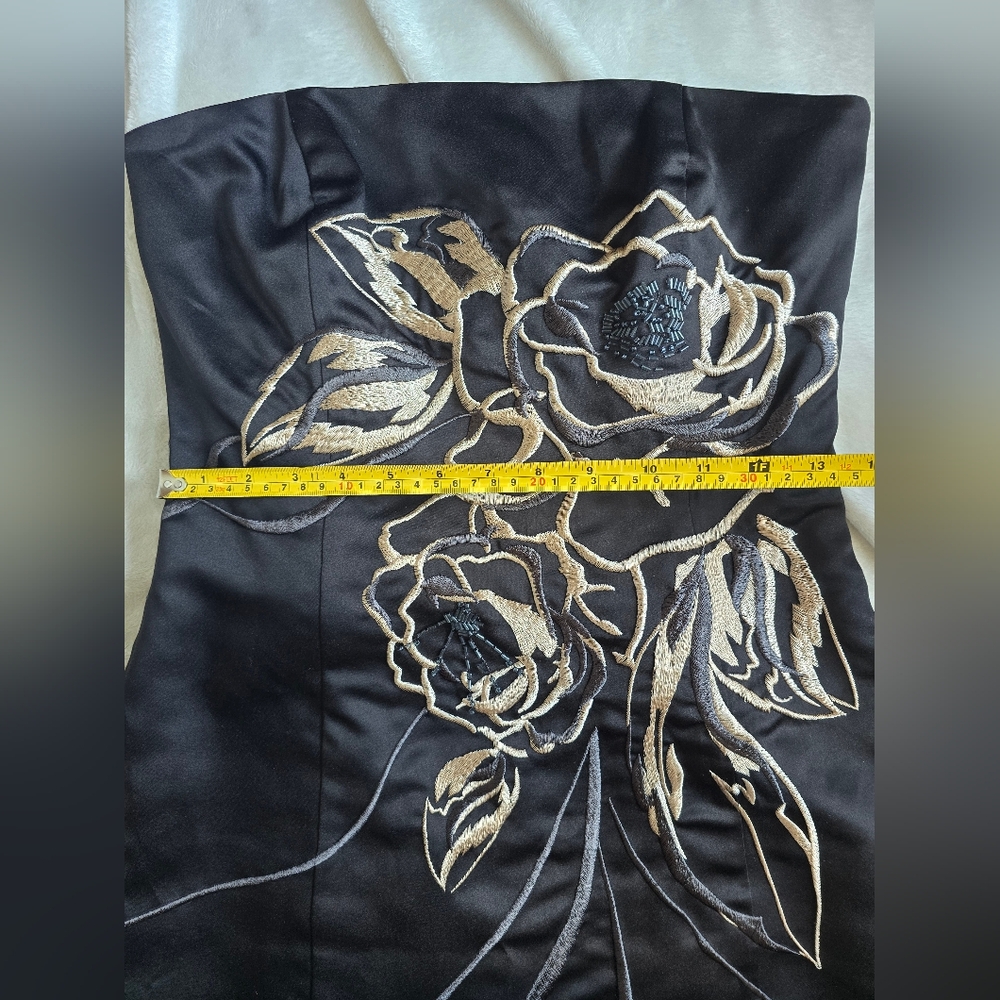 White House Black Market Strapless Black Dress with Gold Floral Design - Picture 5 of 14